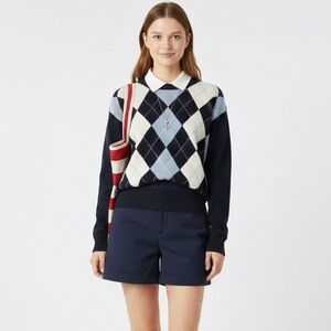 Brandy Melville Navy Blue & White Argyle Crewneck Sweater Size Small Cotton